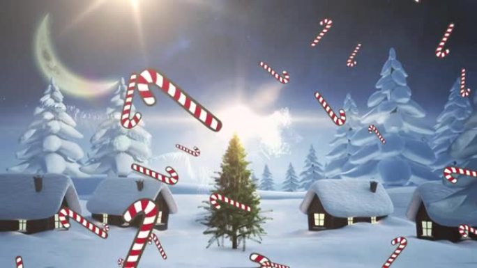 节日快乐文本和多个糖果藤条图标落在冬季景观上的圣诞树上