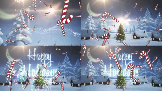 节日快乐文本和多个糖果藤条图标落在冬季景观上的圣诞树上