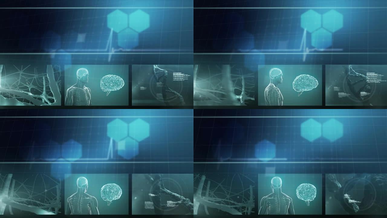 黑色背景上带有医学图标和心电图的数字界面动画