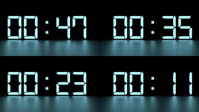 4k分辨率视频: 黑色背景上的60秒蓝色数字发光二极管发光液晶显示时钟倒计时定时器