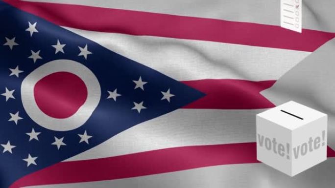 俄亥俄州-选票飞到箱子为俄亥俄州选择-投票箱在国旗前-选举-投票-国旗俄亥俄州波图案循环元素-织物纹