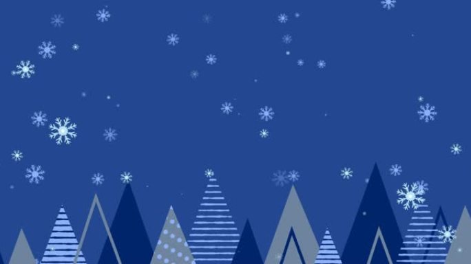 圣诞节时，蓝色背景上的杉树上的雪花飘落的动画