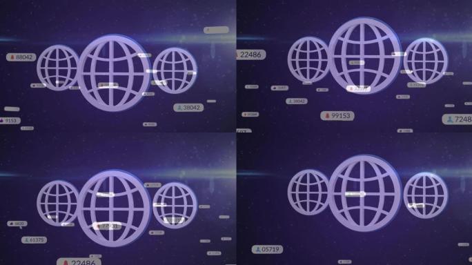背景中三个紫色地球仪上的社交媒体图标和数字的动画