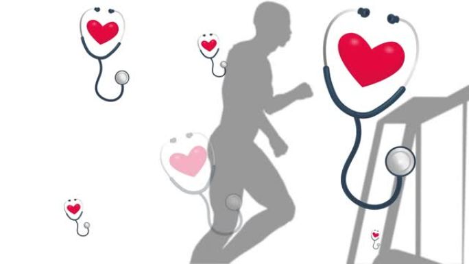 多个红色心脏和听诊器图标与一个在跑步机上跑步的男人的轮廓相对照