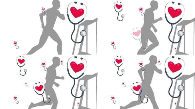 多个红色心脏和听诊器图标与一个在跑步机上跑步的男人的轮廓相对照
