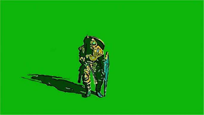 2d动画在漫画风格-中世纪骑士与剑和盾牌战斗隔离在绿色屏幕上