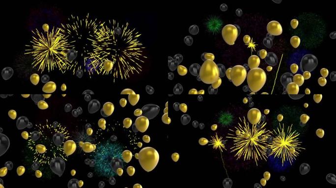 黑色和金色气球的动画，圣诞节和新年烟花在夜空中爆炸
