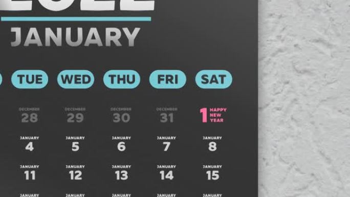 日历2022的美丽黑色1月页面的特写镜头，相机移至标记的新年日期