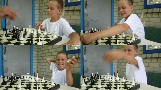 一个6-7岁的男孩在餐桌旁的别墅下棋