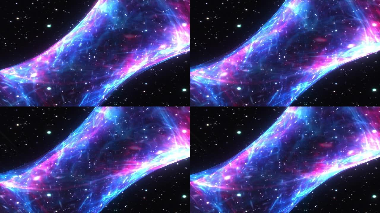 抽象超空间隧道穿过彩色生动的浅蓝色时空涡旋。4K 3D循环科幻星际旅行穿越超空间催眠中的虫洞。网络空