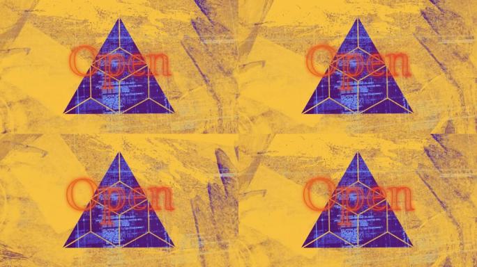 红色霓虹灯和黄色脏纸三角形切口打开文本的动画，处理数据