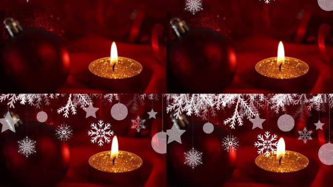 圣诞悬挂装饰与红色圣诞摆设和燃烧灯的特写视图