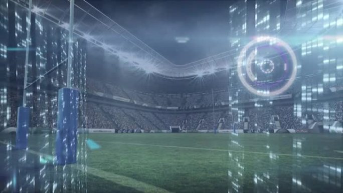 在体育场的草地上使用扫描仪处理数据的服务器上的灯光动画