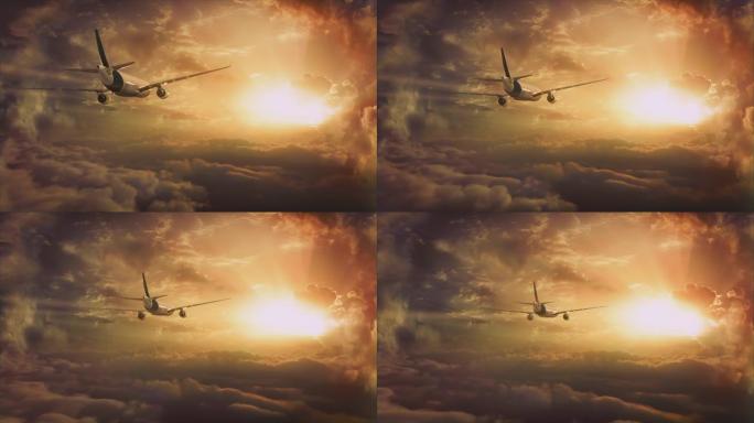 喷气式飞机飞向云层上方的金色日落云景。4k镜头。