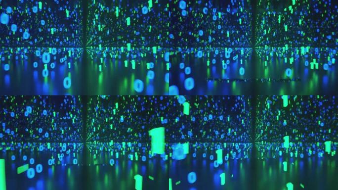 飞入彩色无限计算机二进制程序代码或数据。绿色和蓝色零和一位数在无限镜子中反射。可能象征无限维度的视觉