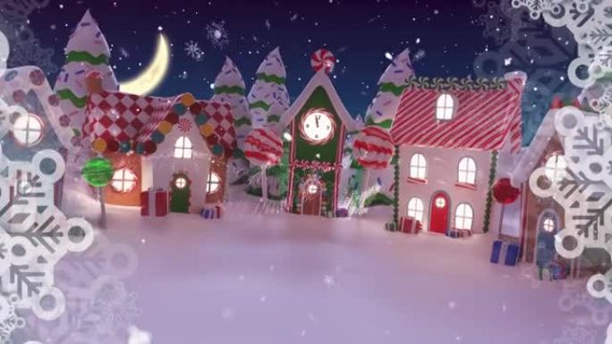 雪花图案和圣诞快乐文字在冬季景观上针对多个房屋和树木