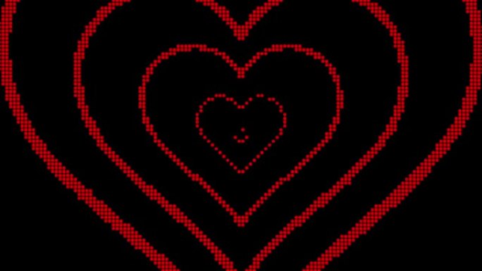 红色心形点像素，黑色背景动画上的无缝循环