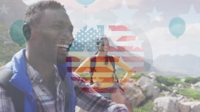 美国国旗的动画在微笑的多样化夫妇在山上徒步旅行