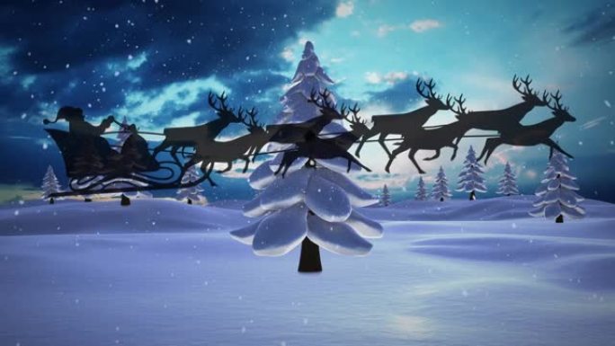 圣诞老人在雪橇上的动画，驯鹿在积雪，红色斑点和冬季景观上