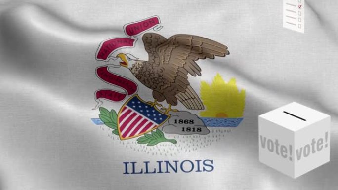 伊利诺斯州-选票飞到投票箱票选-投票箱在国旗前-选举-投票-国旗伊利诺斯州波浪图案循环元素-织物纹理