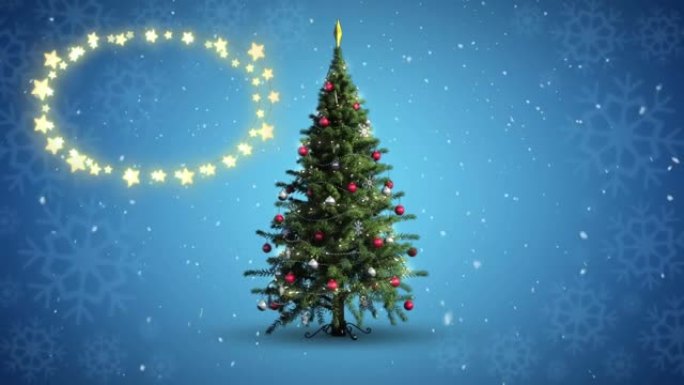 蓝色背景上飘落在圣诞树上的雪花的装饰性闪耀星光