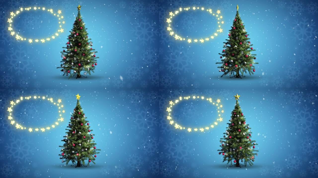 蓝色背景上飘落在圣诞树上的雪花的装饰性闪耀星光