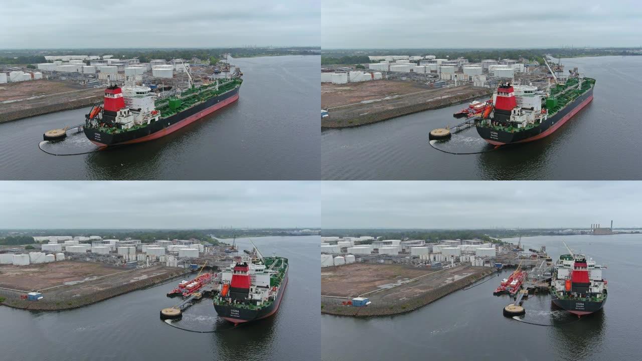 鸟瞰图油船在工业码头港口卸油储存用油船运输进口出口汽油