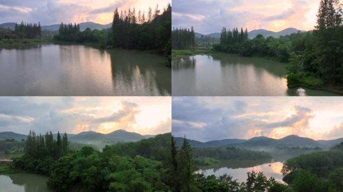 泰国宋卡府Jana区Liwong村的空中无人机日出湖，山，松树的风景