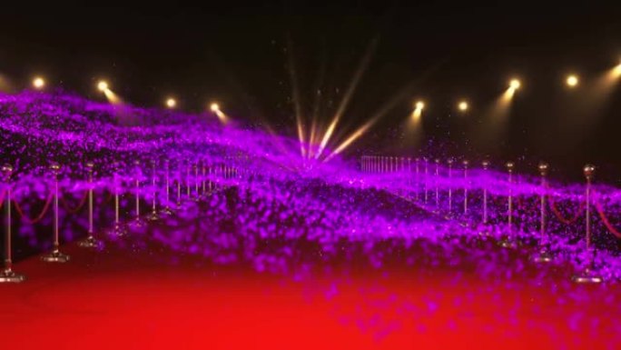 带有聚光灯的紫色颗粒在红地毯场地上移动的动画