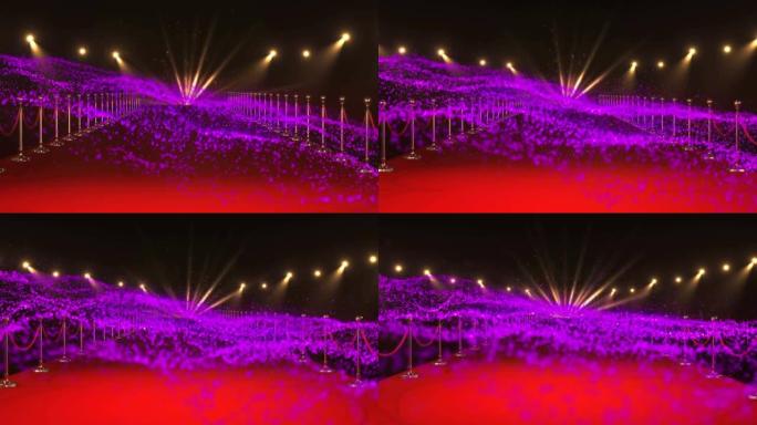 带有聚光灯的紫色颗粒在红地毯场地上移动的动画