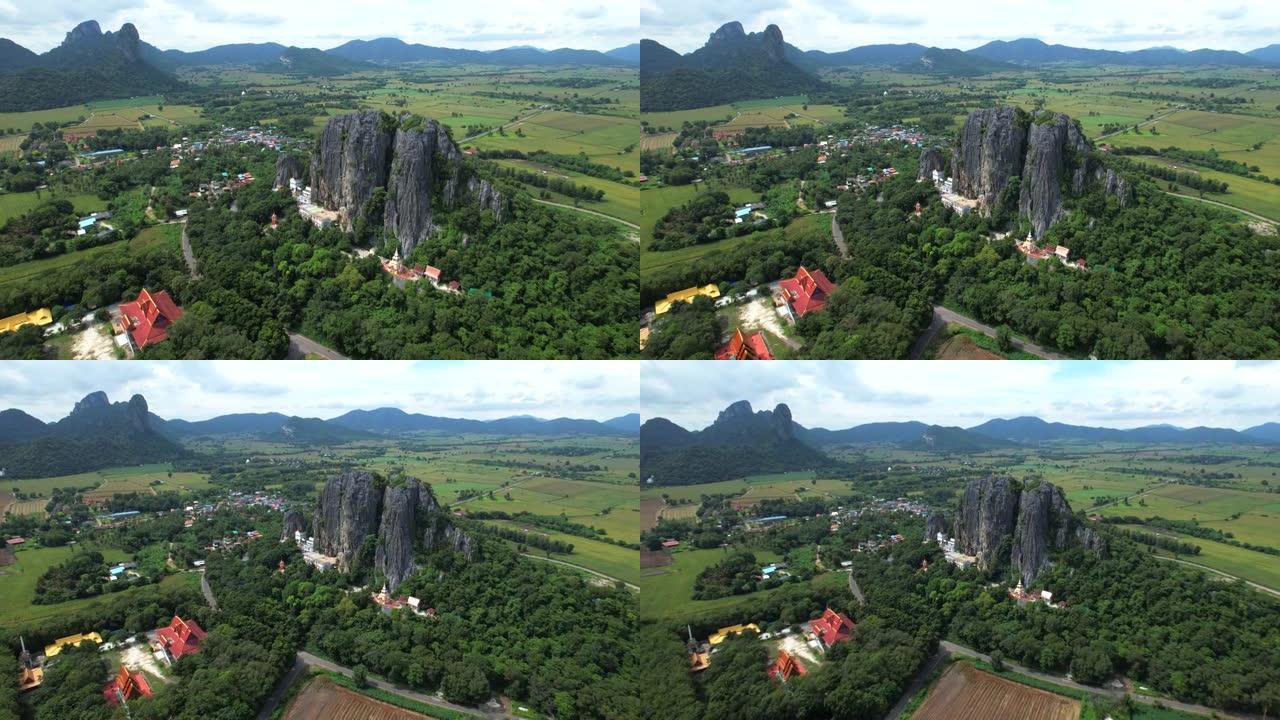 鸟瞰泰国华富里省的佛教寺庙和奇形怪状的山