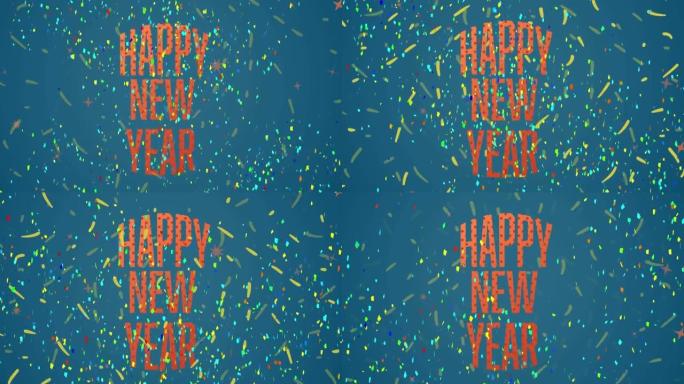 蓝色背景彩色五彩纸屑上橙色新年快乐文本动画