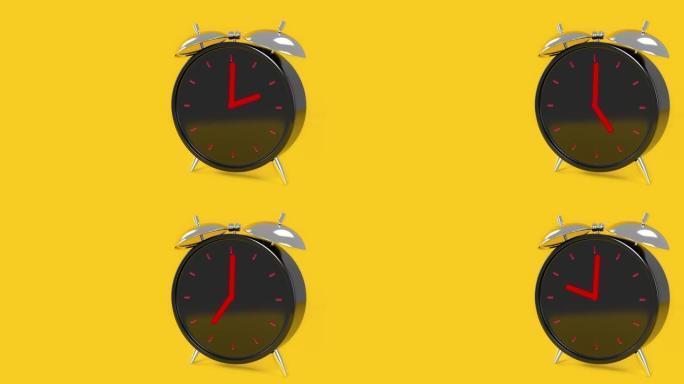 黄色背景上黑色模拟时钟的视频插图。4k动画视频。