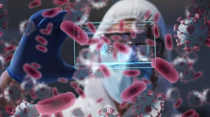男性医生手持屏幕上的covid细胞与医疗数据处理的动画