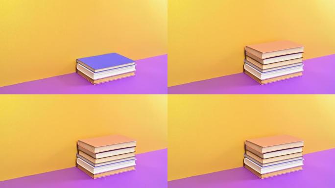 柔和的精装复古书籍在金色紫色背景上订购一对一。停止运动动画