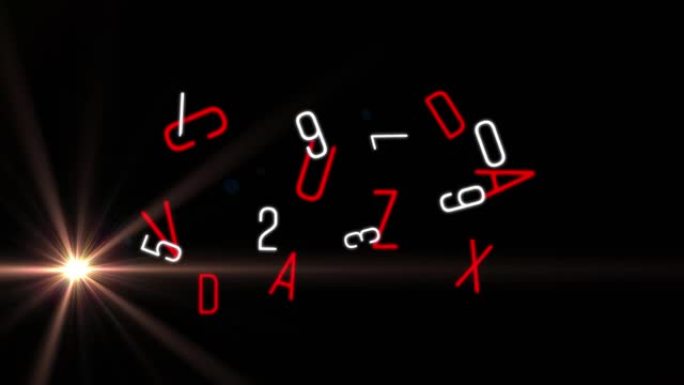 黑色背景上的白色数字和红色字母变化和移动光的动画