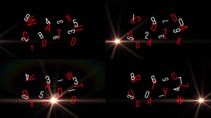 黑色背景上的白色数字和红色字母变化和移动光的动画