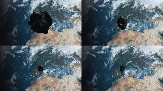 从太空看地球，背景是小行星向地球飞行的太阳