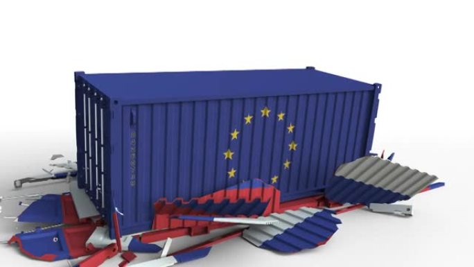 挂欧盟旗的集装箱将挂俄罗斯旗的集装箱拆解