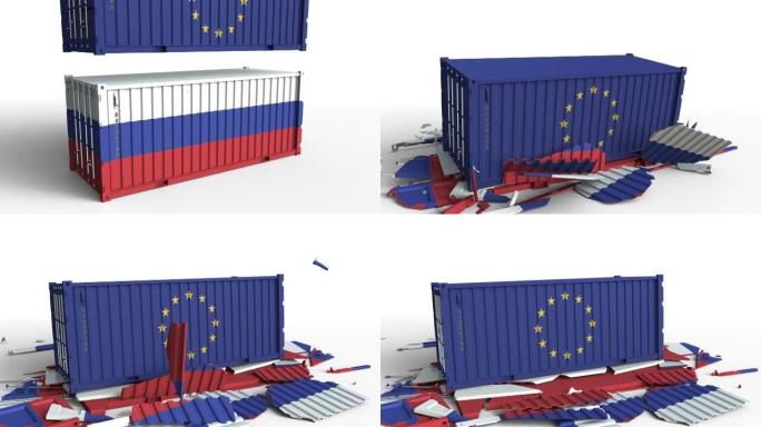 挂欧盟旗的集装箱将挂俄罗斯旗的集装箱拆解