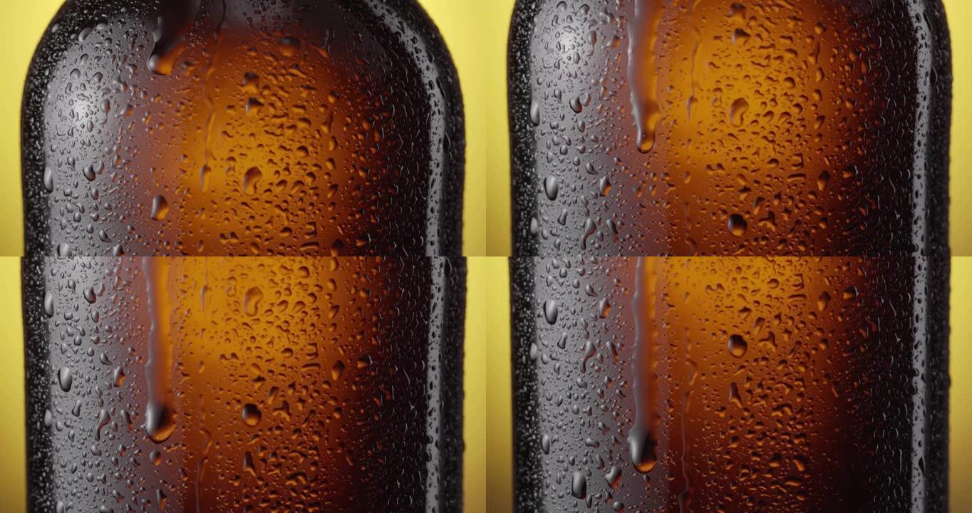随着相机的拍摄，啤酒滴慢慢滴落在烟雾弥漫的啤酒瓶中。黄色背景。