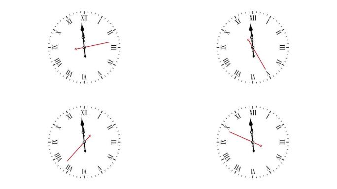 时钟倒计时到新年一分钟的动画。复古古董钟，罗马数字面，罗马数字。