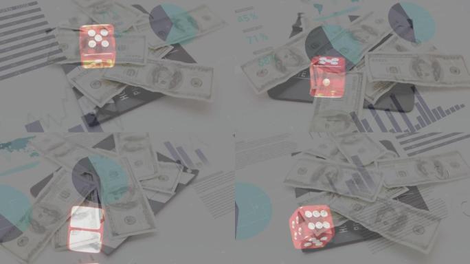 背景中骰子和美元钞票上的金融数据处理动画