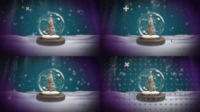 带有圣诞树的圆点和星星在雪球上移动的动画