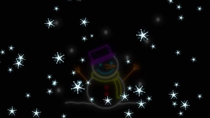 圣诞黑色背景上的雪花上的霓虹灯雪人动画