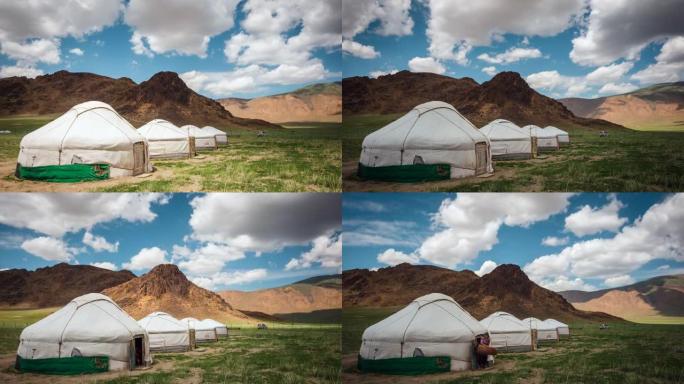 蒙古乌兰巴托外传统蒙古包营地的蒙古包的延时视图