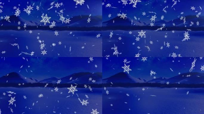 圣诞节时白色雪花落在蓝色冬季景观上的动画