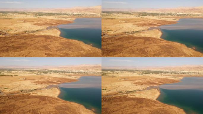 约旦河从高空进入死海，鸟瞰图