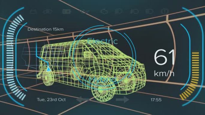 混合厢式货车接口上的速度计，gps和充电状态数据的动画，通过3d厢式货车模型