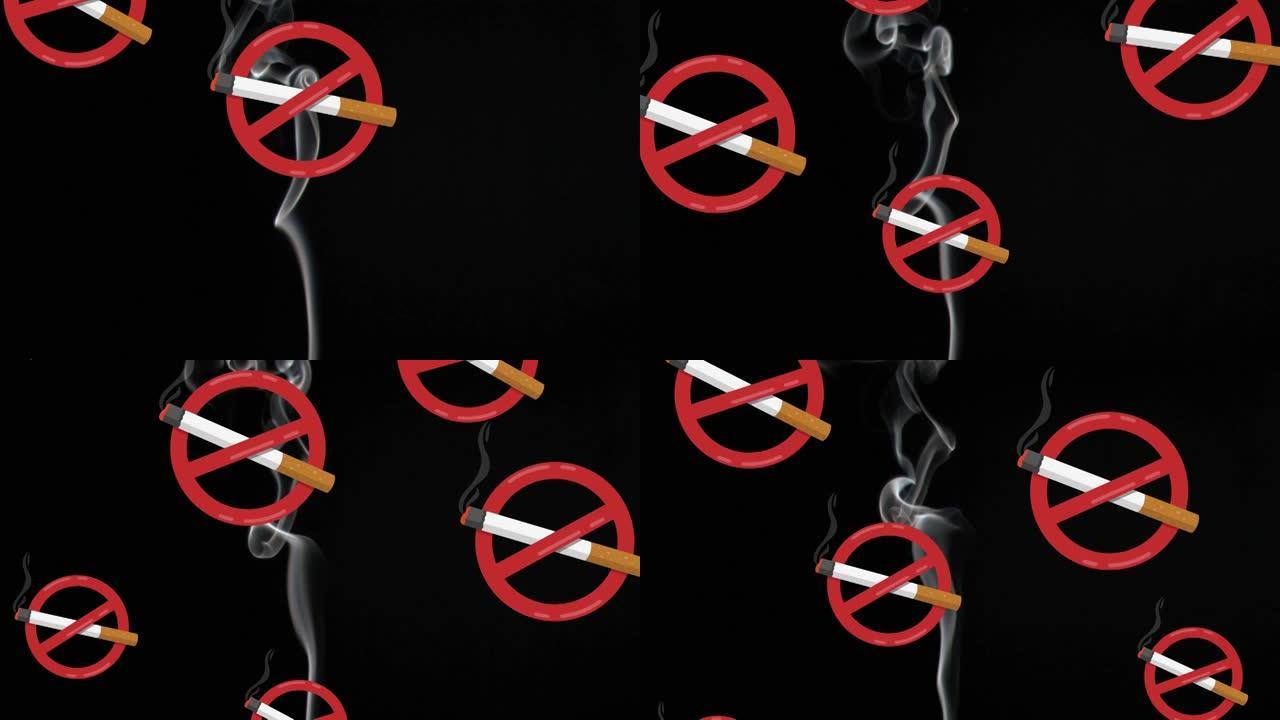 黑色背景上点燃香烟的禁止吸烟标志动画